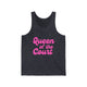 Pickleball tank top with a pink script Queen of the Court text design