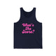 Pickleball tank top with a pink script What's the Score text design