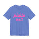 Heather Columbia blue pickleball t-shirt with a pink script Pickle Ball text design
