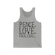 Athletic Heather unisex pickleball tank top with peace sign, heart, and pickleball paddle icons above "Peace, Love, Pickleball" text