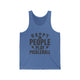 Blue TriBlend unisex pickleball tank top with bold stacked "HAPPY PEOPLE PLAY PICKLEBALL" text and crossed paddles graphic