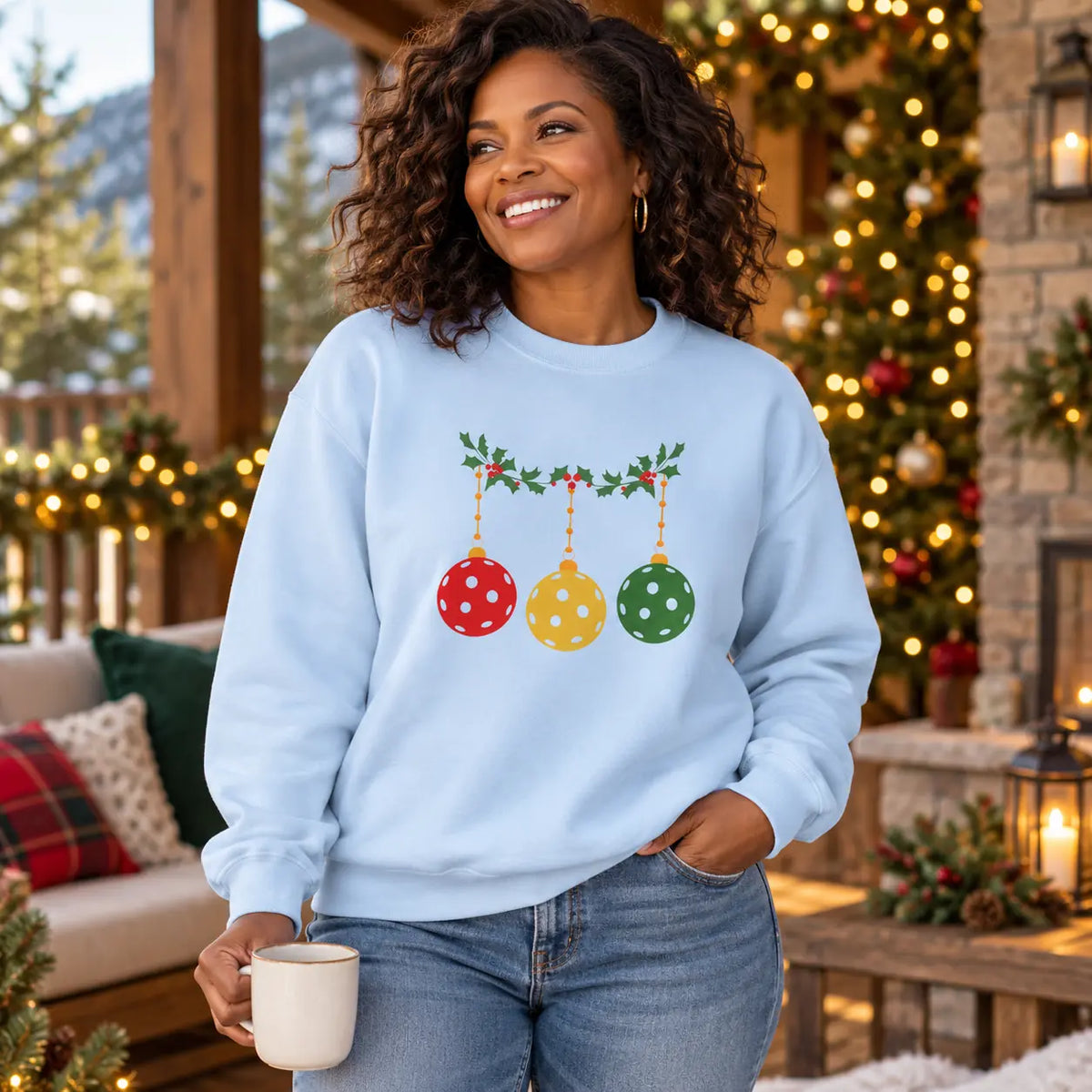 Woman wearing a light blue Christmas ornament sweatshirt and holding a mug.
