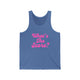 Blue triblend pickleball tank top with a pink script What's the Score text design