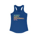 Royal blue racerback tank top with colorful Sorry. Can't. Pickleball. Bye. text design