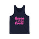 Pickleball tank top with a pink script Queen of the Court text design
