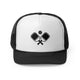 Black trucker cap with a minimalist icon of two crossed pickleball paddles and a ball