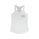 Women's racerback pickleball tank top with a small minimalist pickleball court diagram on the chest