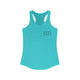 Women's racerback pickleball tank top with a small minimalist pickleball court diagram on the chest