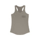 Women's racerback pickleball tank top with a small minimalist pickleball court diagram on the chest
