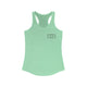 Women's racerback pickleball tank top with a small minimalist pickleball court diagram on the chest