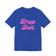 True royal blue pickleball t-shirt with a pink script Drop Shot text design