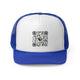 Royal trucker cap with a QR code graphic with a small circular Coast to Coast Pickleball logo at its center
