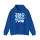 Royal blue hoodie with a stacked ZERO ZERO TWO text design and a pickleball replacing the O in two