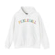 White hoodie with a colorful arched PICKLEBALL text design