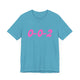 Heather aqua pickleball t-shirt with a pink script 0-0-2 text design