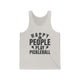 Unisex pickleball tank top with bold stacked "HAPPY PEOPLE PLAY PICKLEBALL" text and crossed paddles graphic