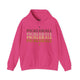 Heliconia pink hoodie with PICKLEBALL repeated in a stacked gradient text design with heart accents