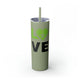 Glitter Seascape skinny tumbler with straw and "LOVE" text with a paddle-and-ball heart icon