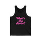 Black pickleball tank top with a pink script What's the Score text design