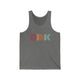 Deep Heather unisex pickleball tank top with a rainbow-striped "DINK" wordmark