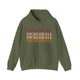 Military green hoodie with PICKLEBALL repeated in a stacked gradient text design with heart accents