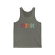 Grey TriBlend unisex pickleball tank top with a rainbow-striped "DINK" wordmark