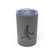 Grey vacuum insulated tumbler with a silhouette illustration of a pickleball player mid-swing