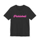 Dark grey heather pickleball t-shirt with a pink script Pickleball text design