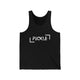 Black unisex pickleball tank top with white PICKLE wordmark inside bracket marks
