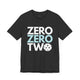 Dark grey heather t-shirt with a stacked ZERO ZERO TWO text design and a pickleball replacing the O in two