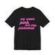 Black pickleball t-shirt with a pink script We Wear Pink and Play Pickleball text design