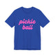 True royal blue pickleball t-shirt with a pink script Pickle Ball text design