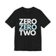Black t-shirt with a stacked ZERO ZERO TWO text design