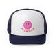 Navy trucker cap with a pink smiley face with "PICKLEBALL" script text below