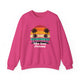 Heliconia pickleball crewneck sweatshirt with a retro sunset circle with silhouetted palm trees and "West Coast Pickleball" script text