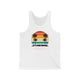 White unisex pickleball tank top with a retro sunset circle with silhouetted palm trees and "West Coast Pickleball" script text