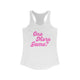 Pickleball women's racerback tank top with a pink script One More Game text design