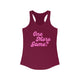 Pickleball women's racerback tank top with a pink script One More Game text design