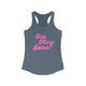 Solid indigo women's pickleball racerback tank top with a pink script One More Game text design