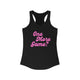 Solid black women's pickleball racerback tank top with a pink script One More Game text design