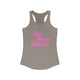 Pickleball women's racerback tank top with a pink script One More Game text design
