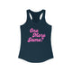 Pickleball women's racerback tank top with a pink script One More Game text design