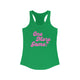 Solid kelly green women's pickleball racerback tank top with a pink script One More Game text design