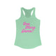 Pickleball women's racerback tank top with a pink script One More Game text design