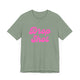 Sage pickleball t-shirt with a pink script Drop Shot text design