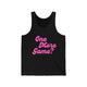 Black pickleball tank top with a pink script One More Game text design