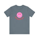 Heather Slate pickleball t-shirt with a pink smiley face graphic over "Pickleball" text