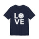 Navy t-shirt with a LOVE text design and a white pickleball replacing the O