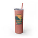 Glitter Dusty Rose skinny tumbler with straw and a retro stacked "Coast to Coast Pickleball apparel + accessories" logo