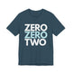 Deep teal t-shirt with a stacked ZERO ZERO TWO text design